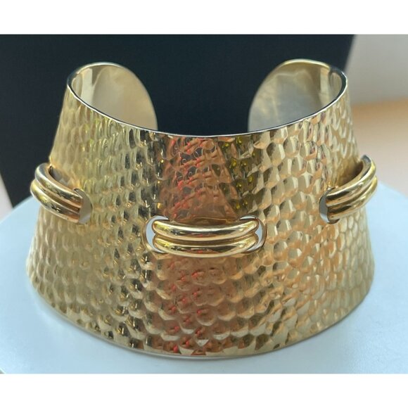 Hammered Gold Plated Ornate Design Cuff Vintage Thick Concave Bracelet Runway 80 - Picture 4 of 14